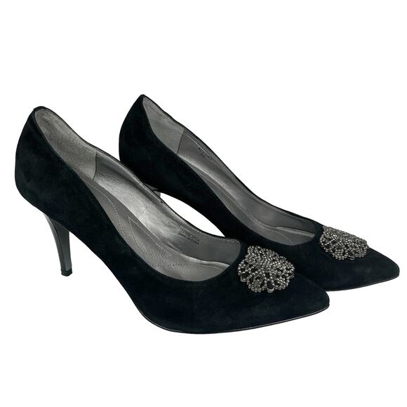 Tahari Accord Black Suede Heels Pumps 8M Jewel Accent 3.5" - Picture 7 of 8